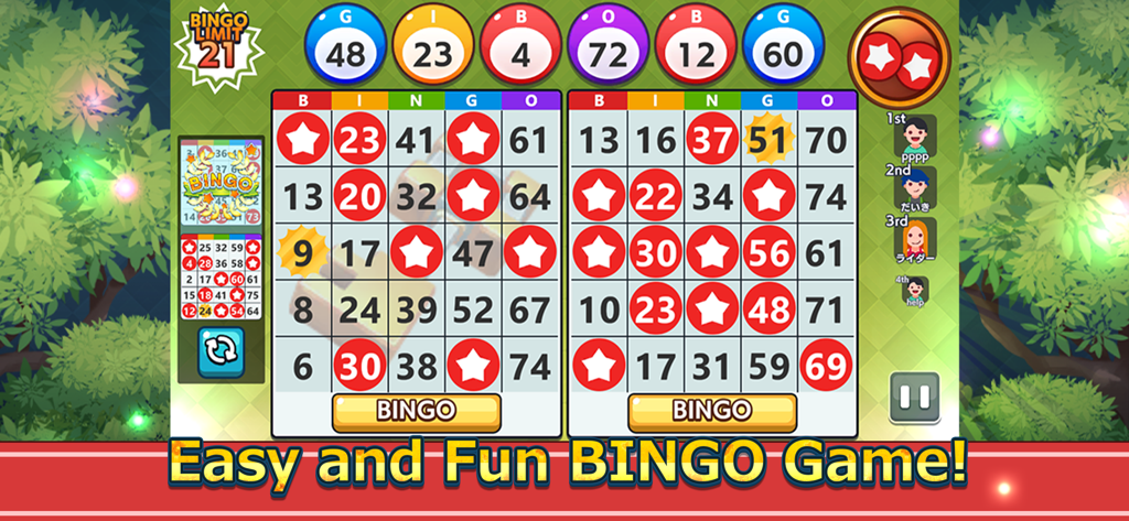Bingo Treasure! - BINGO GAMES - Bingo Treasure gameplay screen showing two bingo cards with stars and colorful numbers over a nature background