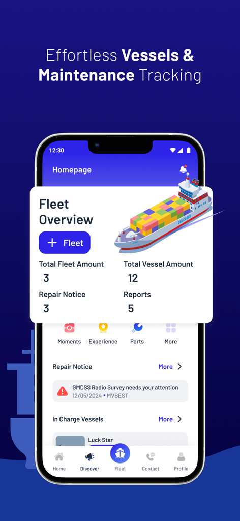 My Ship Info - Interfaz de la aplicación My Ship Info que muestra el panel de control general de la flota con notificaciones de mantenimiento y reparación de embarcaciones.