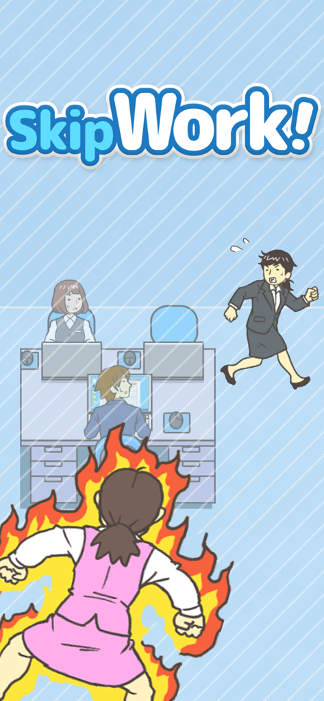 Skip Work! - Easy Escape! - A manga style illustration from Skip Work game showing a woman running away from her office and an angry colleague in flames