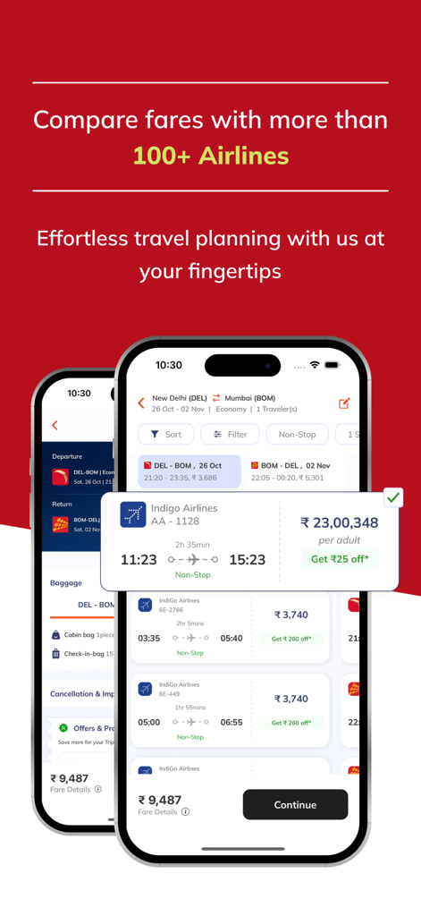 Travomint Flight, Hotels & Car - Travomint mobile app showing flight search results and price comparisons for airlines like Indigo