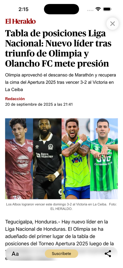 Diario El Heraldo Honduras - News article in the El Heraldo Honduras app about the national soccer league standings
