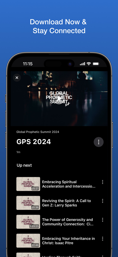 Generals TV - Pantalla del reproductor de video de la aplicación móvil Generals TV que muestra contenido de cumbres proféticas.