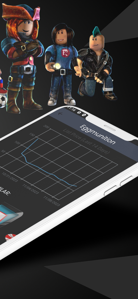Una pantalla de smartphone que muestra un gráfico de historial de precios de 14 días para un artículo llamado Eggmunition con personajes de Roblox de fondo