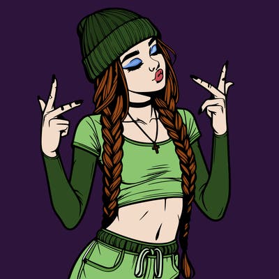 realistic teenage girl with braids and a beanie and crop top doing 🫶🏼