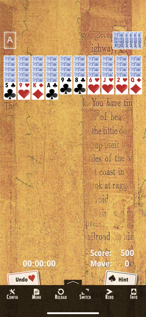 Spider Solitaire card game interface with parchment background and game controls