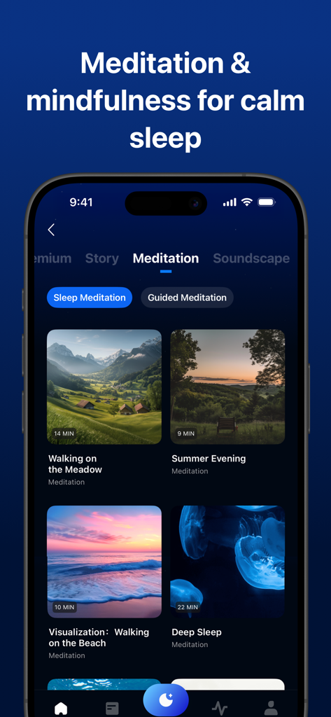 ShutEye®: Sleep Tracker, Sound - ShutEyeアプリインターフェースがより良い睡眠のためのさまざまな瞑想とマインドフルセッションを表示