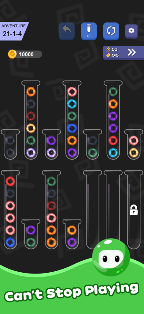 Ball Sorting Master - Puzzle - Gameplay of Ball Sorting Master showing neon colored rings being organized into test tubes