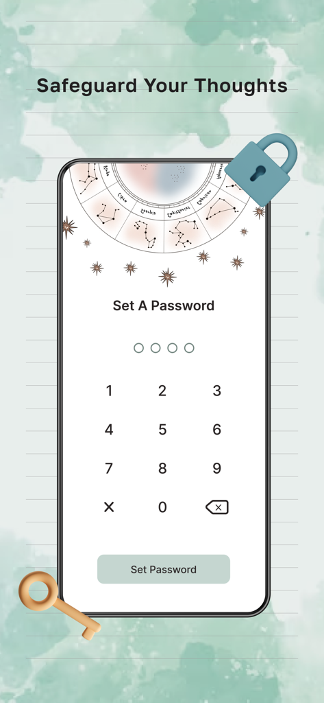 Journal It: Your Daily Diary - Interface of Journal It app showing the set password screen with a numeric keypad and aesthetic celestial background