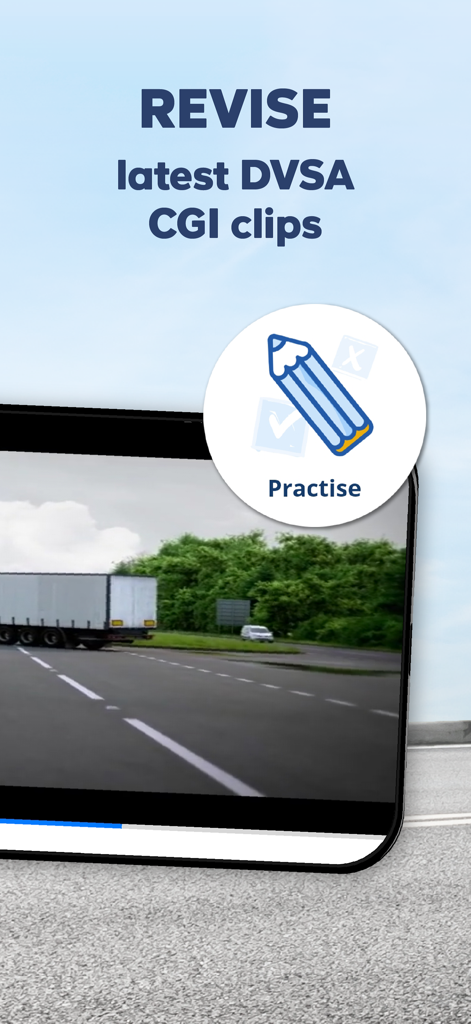LGV & HGV Theory Test Kit 2026 - App screen showing DVSA CGI hazard perception clips for HGV theory test revision.