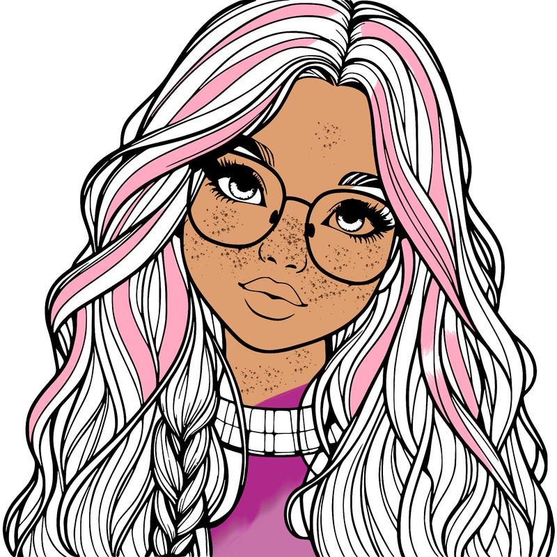 girl with long hair and freckles and glasses realistic