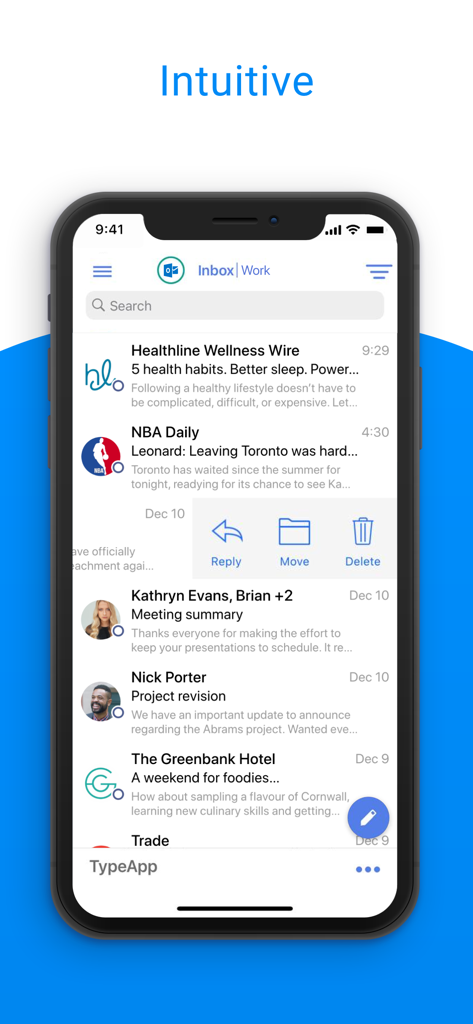 TypeApp Email, Mail & Exchange - Screenshot dell'app email mobile TypeApp che mostra una casella di posta di lavoro intuitiva con azioni rapide e loghi dei mittenti