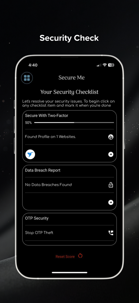 MobiArmour - Interface do aplicativo MobiArmour mostrando uma lista de verificação de segurança abrangente para proteção de conta e dados.
