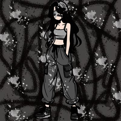 girl in baggy pants crop top and long hair