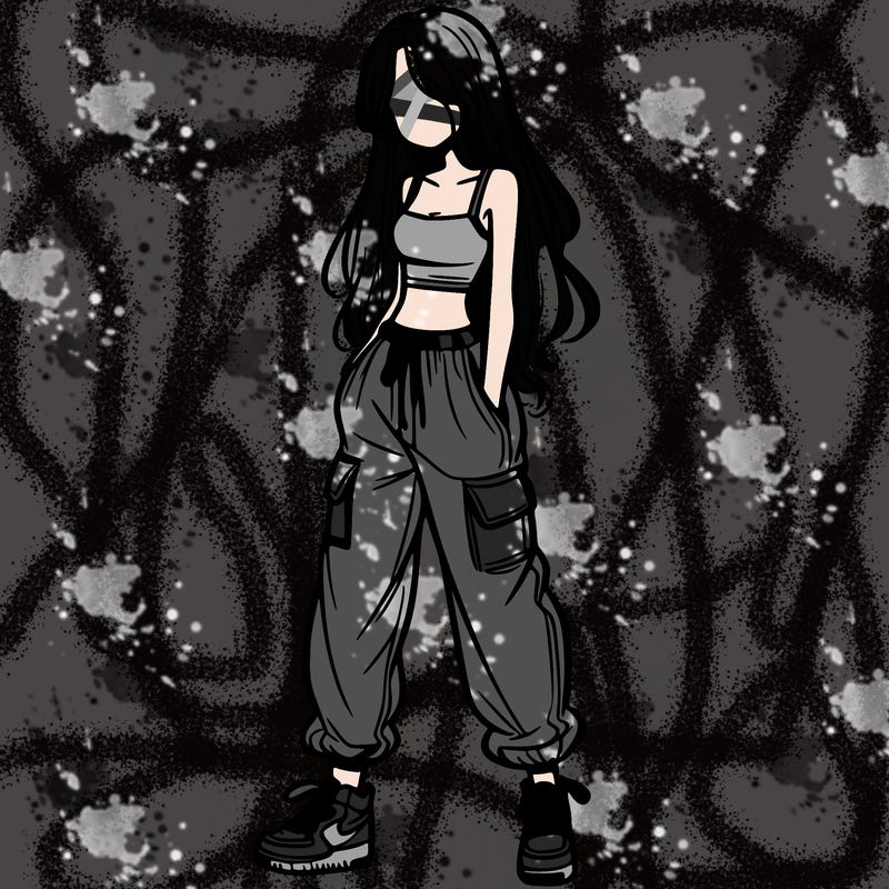 girl in baggy pants crop top and long hair