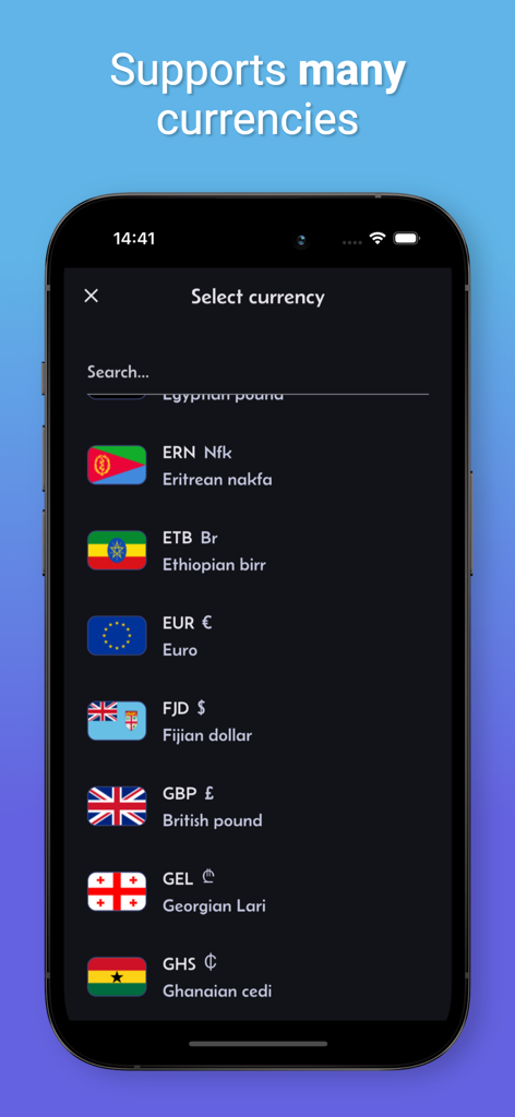 Camera Currency Converter - A menu within the app displaying a list of various global currencies including Euro and British Pound with their respective flags.