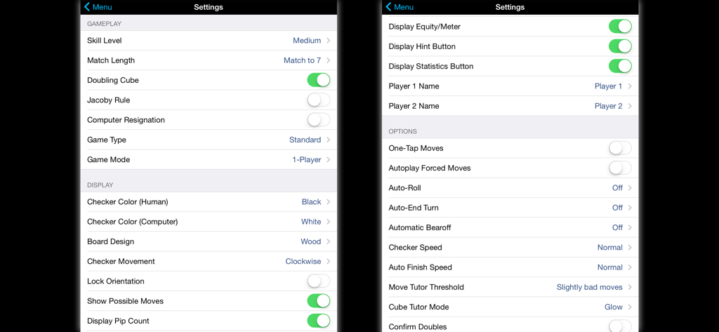 Backgammon NJ - Backgammon NJ settings screen showing gameplay display and rule customization options