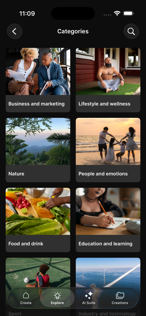 Freepik AI mobile app screen displaying a grid of creative categories including business lifestyle and nature
