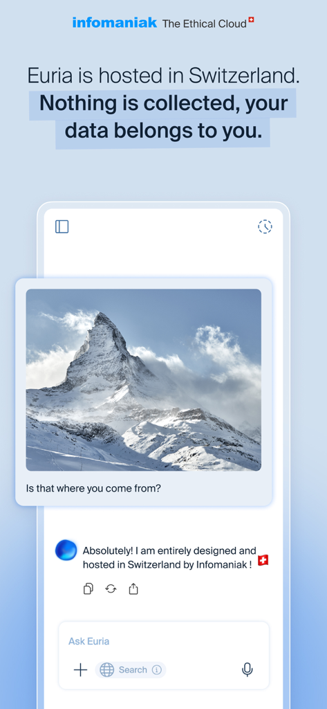 Infomaniak Euria AI app interface showing its Swiss hosting and data privacy guarantee