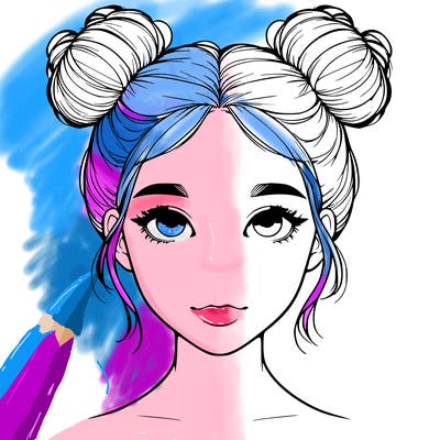 realistic girl with two buns on top of her head