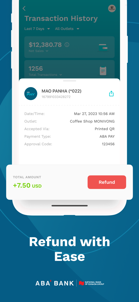 ABA Merchant - Interfaz de la aplicación ABA Merchant mostrando el detalle de una transacción con un botón rojo de reembolso y el texto Reembolsar con Facilidad