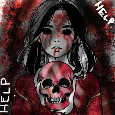 realistic girl holding a skull