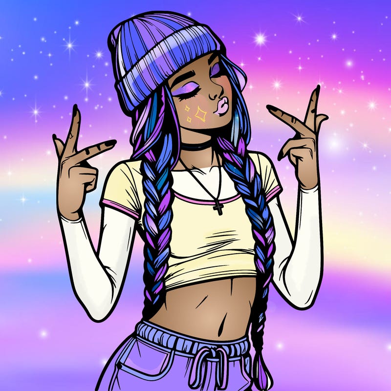 realistic teenage girl with braids and a beanie and crop top doing 🫶🏼