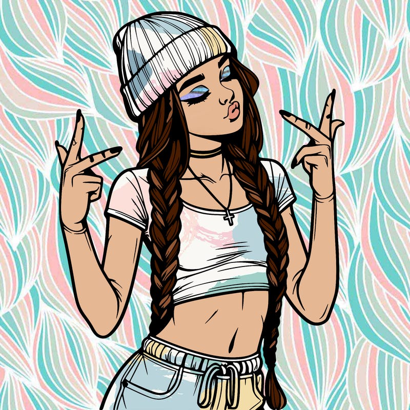 realistic teenage girl with braids and a beanie and crop top doing 🫶🏼