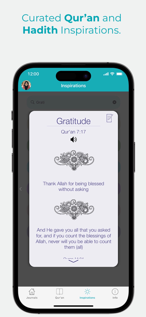 Qur'an And Me Journal - A mobile app screen showing a gratitude inspiration card with a Quranic verse in the Quran And Me Journal