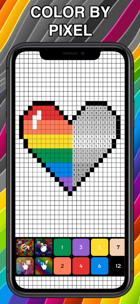 Color by Pixel Paint by Number - Un corazón arcoíris siendo coloreado en la interfaz de una aplicación móvil de pintar por números de pixel art