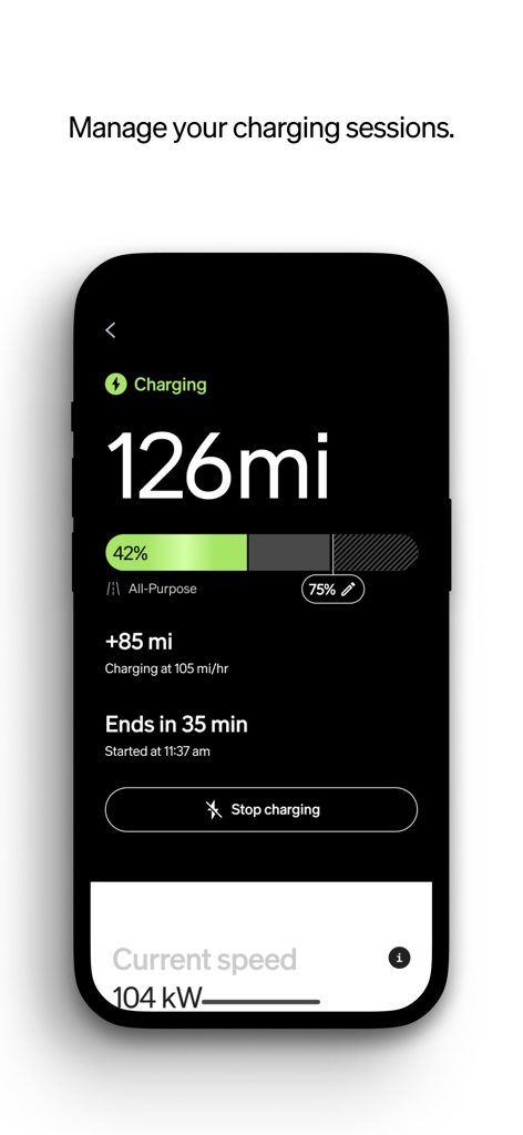Interfaccia dell'app mobile Rivian che mostra lo stato di avanzamento della ricarica del veicolo in tempo reale e il tempo di completamento stimato