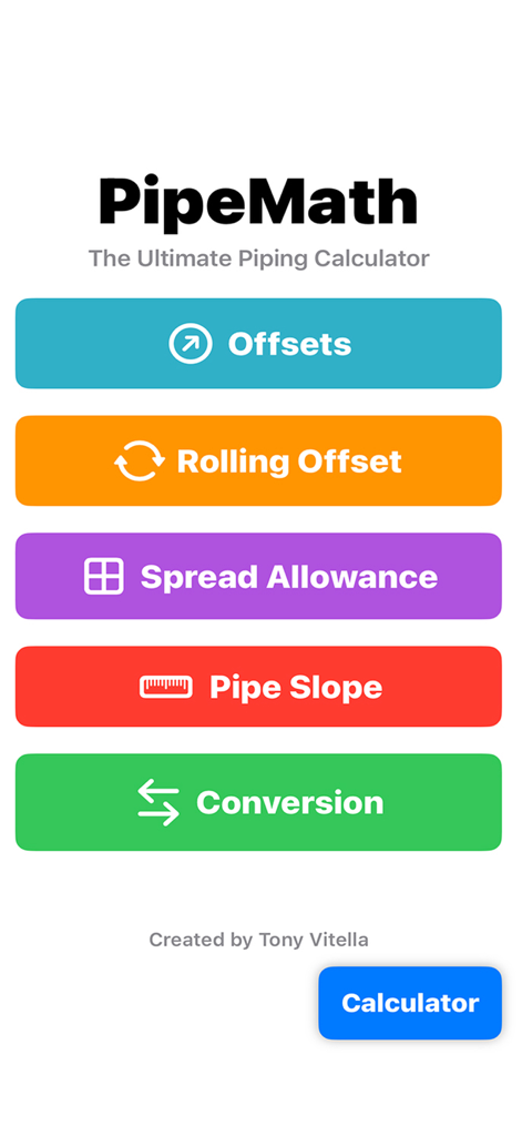 Main dashboard of the Pipe Math mobile app showing various plumbing calculation options