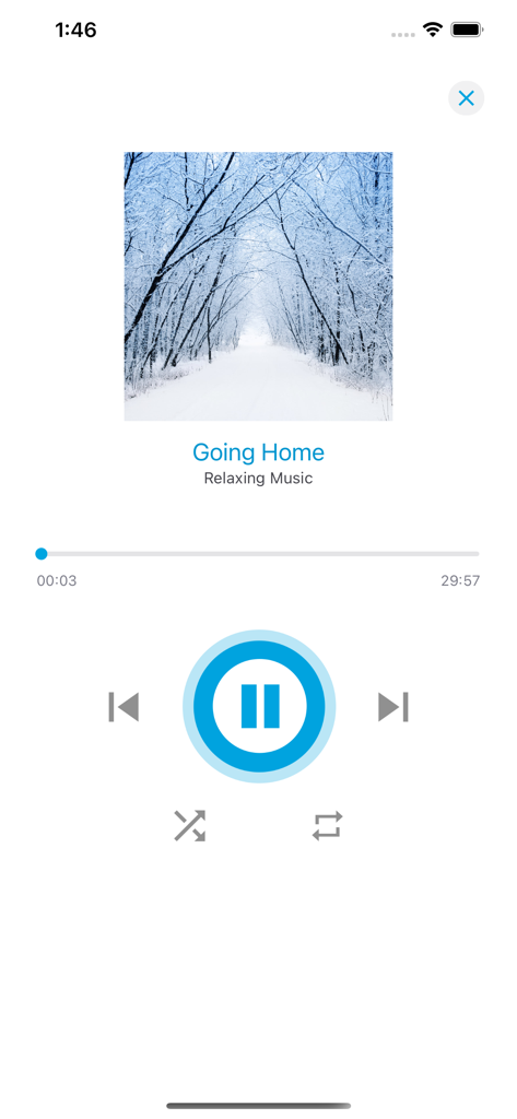 Music player interface of the Tinnitus App by Cleanhearing playing relaxing music
