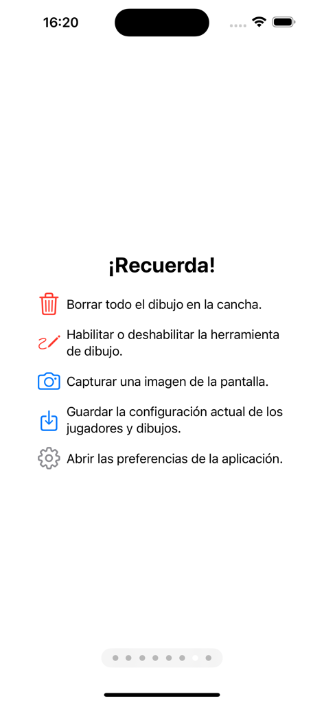 Pantalla de tutorial para la app de rotaciones de voleibol que muestra iconos para dibujar, guardar y configurar