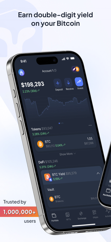 Braavos mobile app interface showing a crypto wallet dashboard with bitcoin yield and total balance