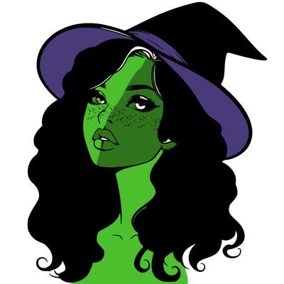 realistic witch girl with wavy hair and lips