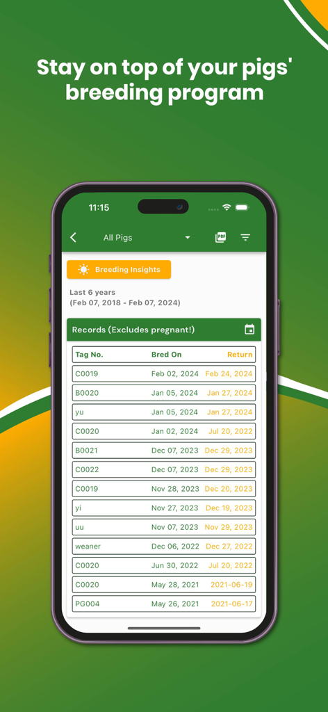 My Piggery Manager - Farm app - My Piggery Manager app screen showing breeding insights and a table of pig records with tag numbers and breeding dates