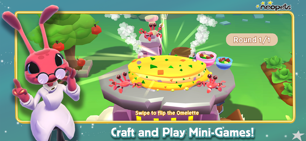 Neopets: Tales of Dacardia - A pink Neopet character in a lab coat next to a giant omelette flipping mini-game