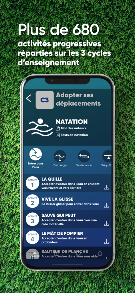 Accès EPS - Écran mobile de l'application Accès EPS affichant des activités de natation pour les professeurs d'éducation physique.