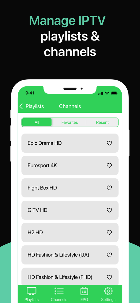 IPTV Player PRO－Smart Live TV - IPTV Player PRO App-Oberfläche, die eine Liste von Live-TV-Kanälen mit Navigationssymbolen anzeigt