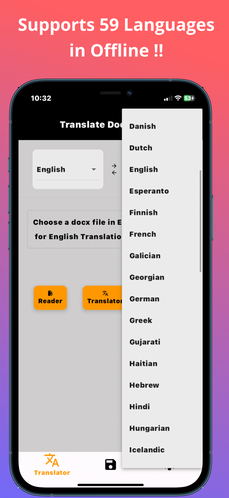 iPhone screen displaying a list of 59 supported languages for offline document translation