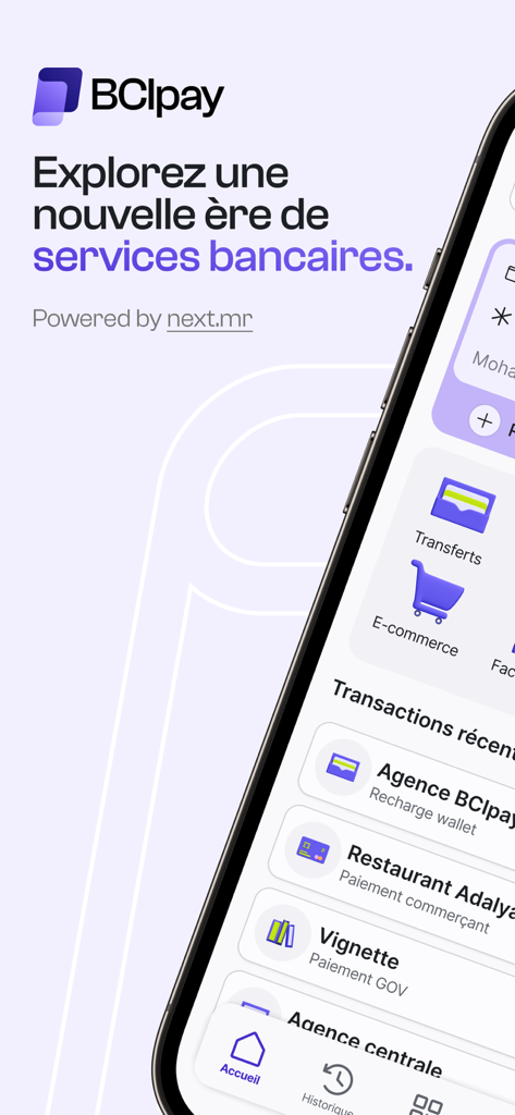 BCIpay - BCIpay mobile banking app interface showing transaction history and payment services in French