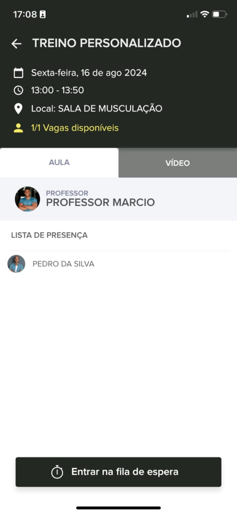 Tecnofit - Écran de l'application Tecnofit affichant les détails d'une séance d'entraînement personnalisée, y compris la date, l'heure, le lieu et le nom de l'instructeur.