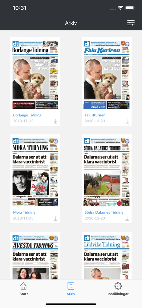 Borlänge Tidning e-tidning - Archive view of the Borlänge Tidning e-tidning app showing a selection of local Swedish newspapers