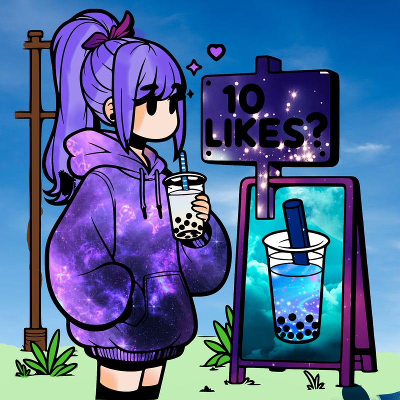 girl with oversized hoodie drinking boba and she has a high ponytail with a sign that says 10likes?