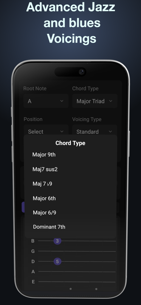 Chordz: Guitar Chord Finder - A mobile interface displaying a list of advanced jazz and blues chord types including Major 9th and Dominant 7th