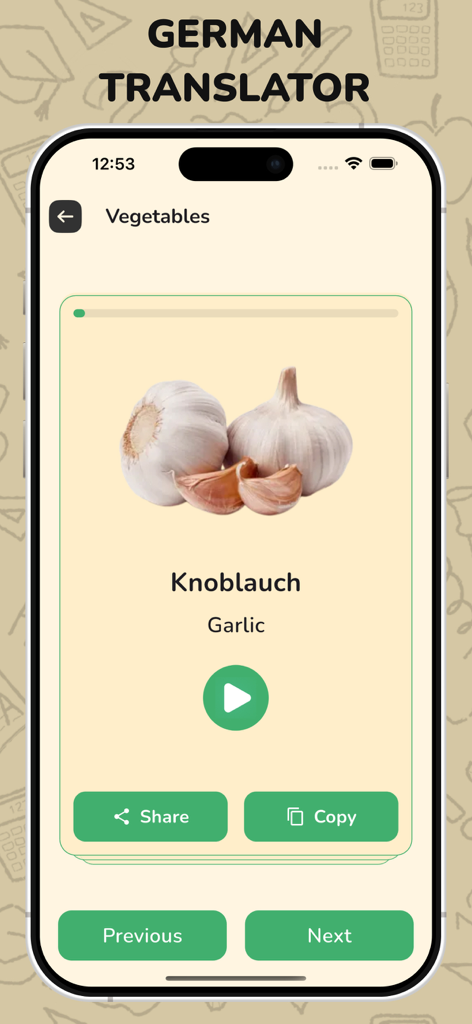 German Listening & Speaking - Interfaz de aplicación móvil que muestra una tarjeta de vocabulario alemán para ajo con traducción y características de pronunciación de audio