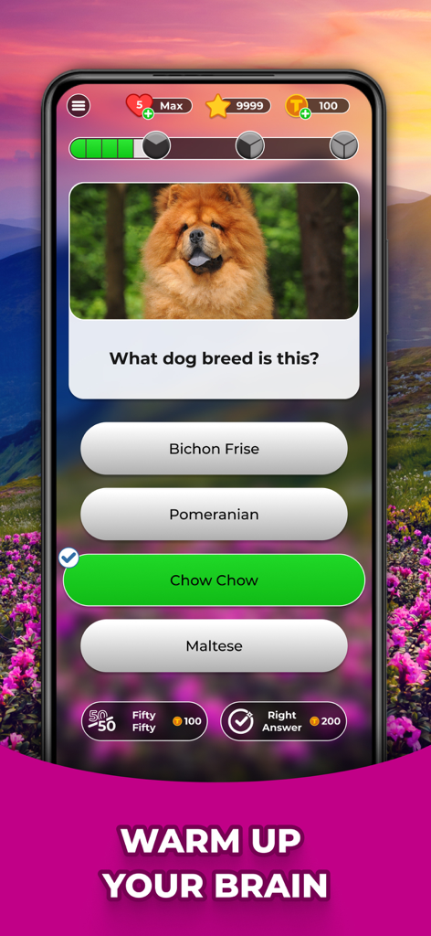 Triviascapes: Quiz & IQ test - Una pregunta de trivialidades en la aplicación Triviascapes que pide identificar una raza de perro con una imagen de un Chow Chow sobre un fondo de paisaje floral.