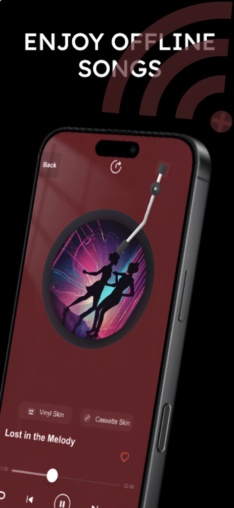Aplicativo MoodMax mostrando um player de música offline com uma skin de disco de vinil personalizada e fundo vermelho estético