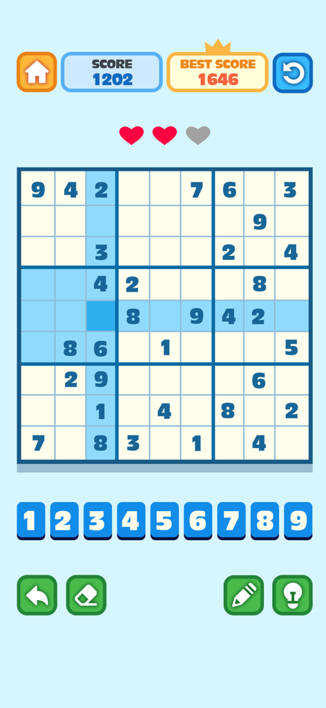 Sudoku puzzle interface with a grid of numbers and score tracker.