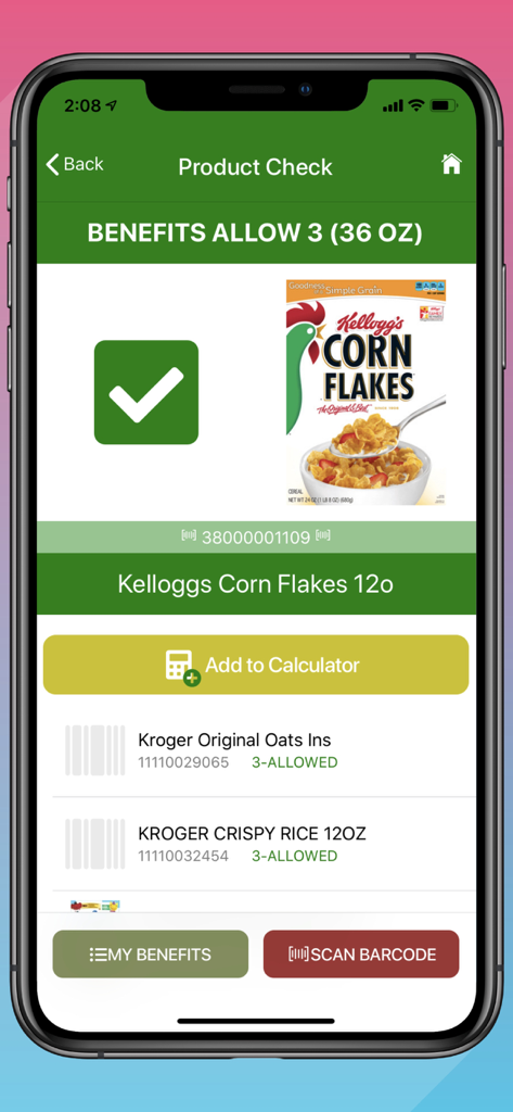 WICShopper app screen showing a green checkmark for WIC approved cereal